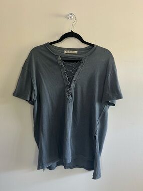 Free People We The Free Lace-Up Short Sleeve Top in Faded Slate